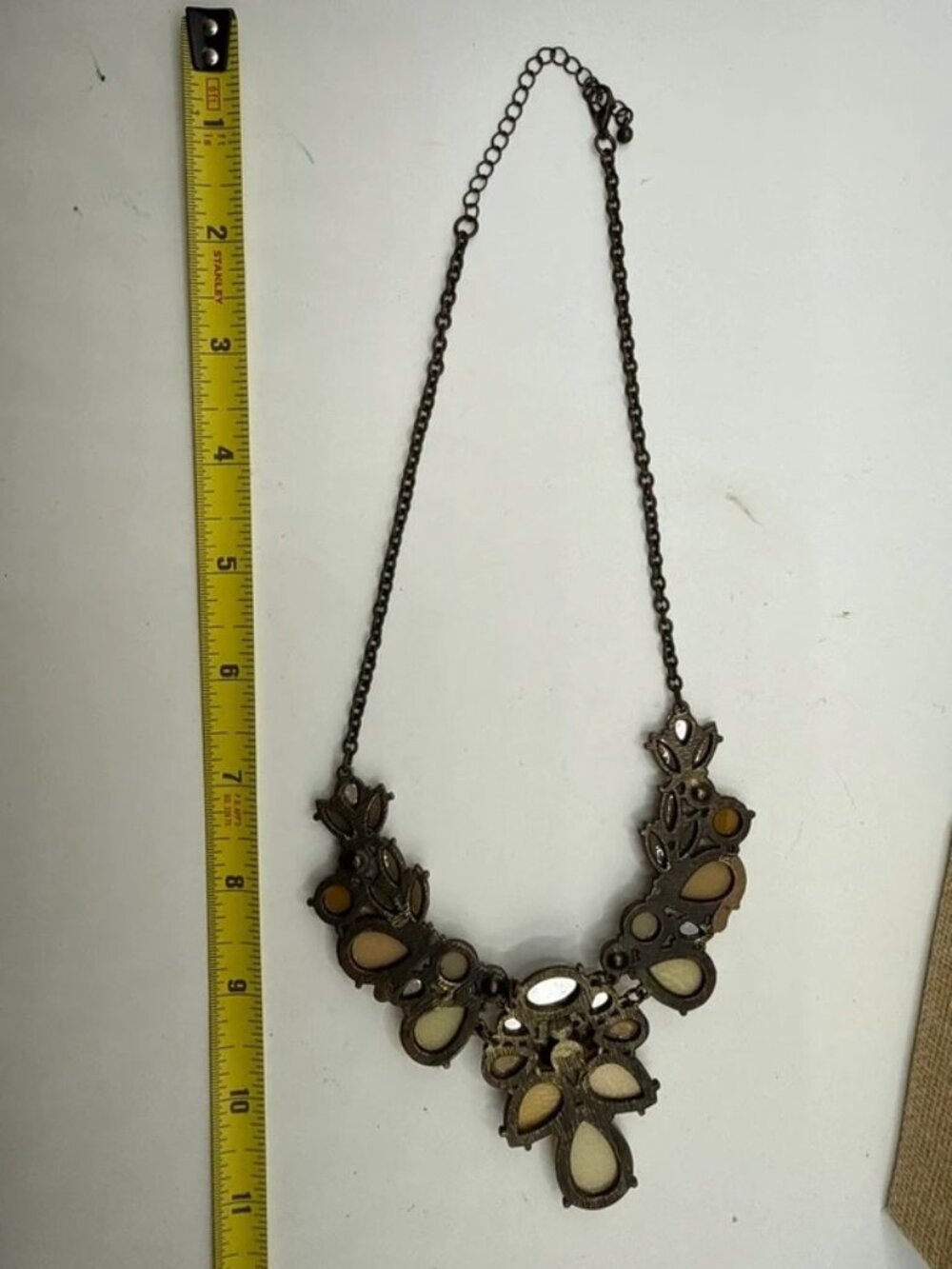 Statement Bib Necklace Gray Gold Faceted Acrylic Rhinestone Boho Chic - Picture 3 of 6
